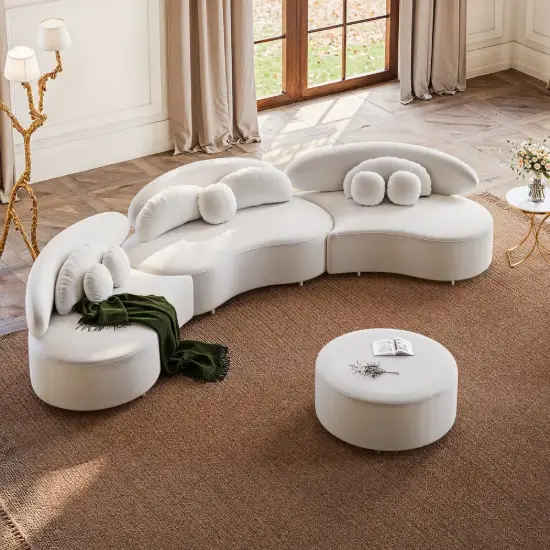 370 cm 4-Piece Curved Velvet Sectional Sofa with Ottoman & Pillows – Round Beige Upholstered