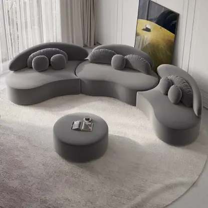 370 cm 4-Piece Curved Velvet Sectional Sofa with Ottoman & Pillows – Floor Deep Gray