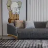 2200mm Grey 3-Seat Cotton & Linen Upholstered Sofa with Pillows Gold Legs