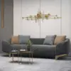 2200mm Grey 3-Seat Cotton & Linen Upholstered Sofa with Pillows Gold Legs