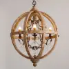 Retro Rustic Weathered Wooden Globe Caged Rust Metal Scroll Crystal 5-Light Chandelier