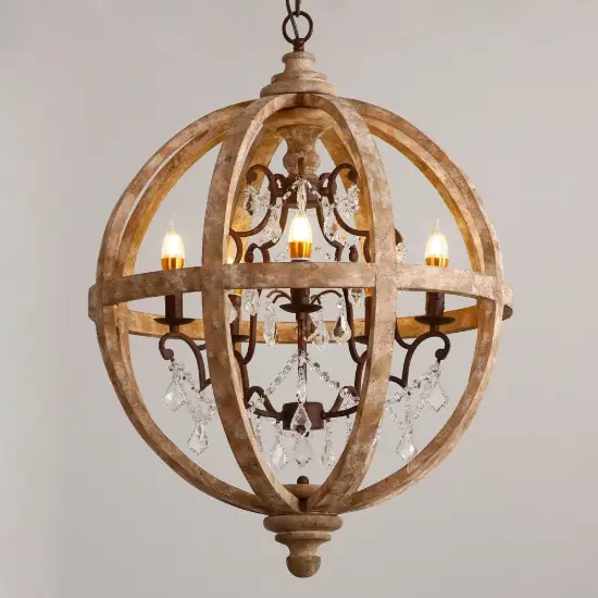 Retro Rustic Weathered Wooden Globe Caged Rust Metal Scroll Crystal 5-Light Chandelier
