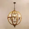 Retro Rustic Weathered Wooden Globe Caged Rust Metal Scroll Crystal 5-Light Chandelier
