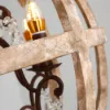 Retro Rustic Weathered Wooden Globe Caged Rust Metal Scroll Crystal 5-Light Chandelier