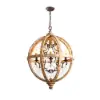 Retro Rustic Weathered Wooden Globe Caged Rust Metal Scroll Crystal 5-Light Chandelier