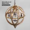 Retro Rustic Weathered Wooden Globe Caged Rust Metal Scroll Crystal 5-Light Chandelier