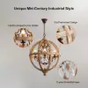Retro Rustic Weathered Wooden Globe Caged Rust Metal Scroll Crystal 5-Light Chandelier