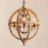 Retro Rustic Weathered Wooden Globe Caged Rust Metal Scroll Crystal 5-Light Chandelier