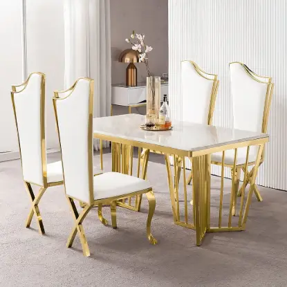 Picture of White Upholstered Dining Chairs (Set of 2) Stainless Steel Side Chair with Gold Legs