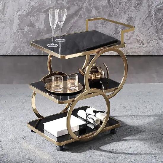 Rolling 3-Tier on Wheel Bar Cart with Handle in Black & Brushed Gold Style A