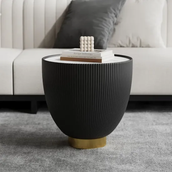 Modern 46 cm Round Gray Sintered Stone Leather Drum Coffee Table