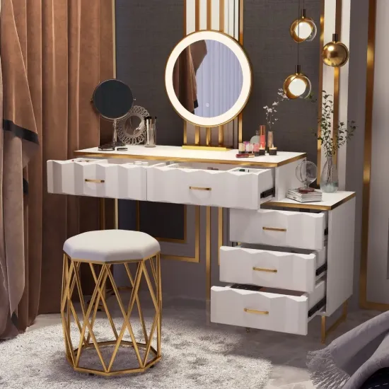Modern Extendable Make-up Vanity with 5 Drawers, Stool & LED Mirror