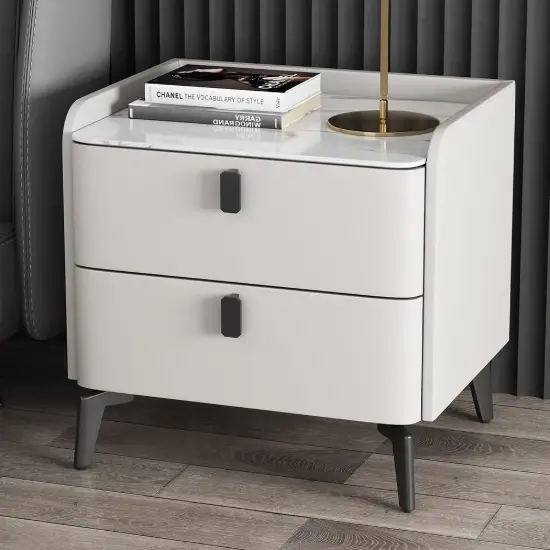 White Leather 2-Drawer Bedside Table with Sintered Stone Top