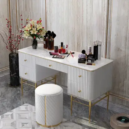 Bline White Dressing Table Faux Marble Dressing Table with Drawers Gold Stainless Steel