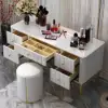 Bline White Dressing Table Faux Marble Dressing Table with Drawers Gold Stainless Steel