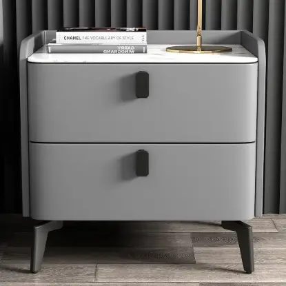 Picture of Grey Leather 2-Drawer Bedside Table with Sintered Stone Top