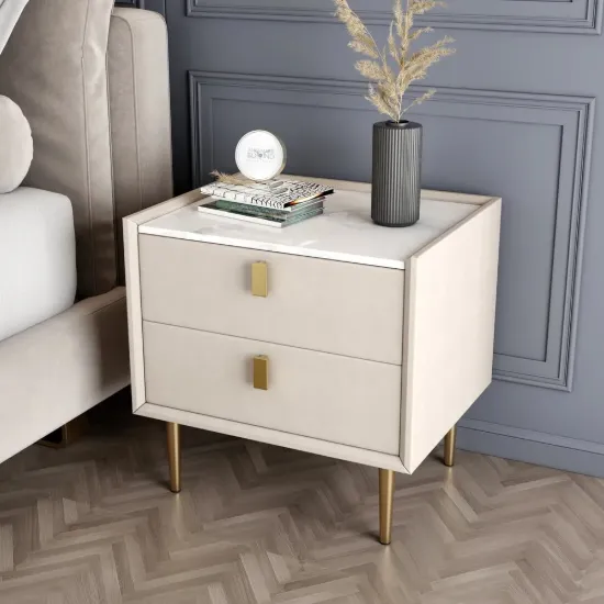 Sintered Stone Top 2-Drawer Leather Bedside Table – Drawers Pu Nightstand