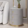 Sintered Stone Top 3-Drawer Round Velvet Bedside Table – Nightstand Gray Nightstand