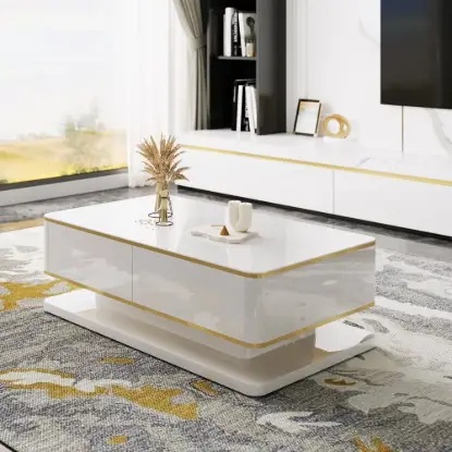 Picture of Gapn 1300mm White Rectangular Coffee Table with Storage 4 Drawers Tempered Glass Top