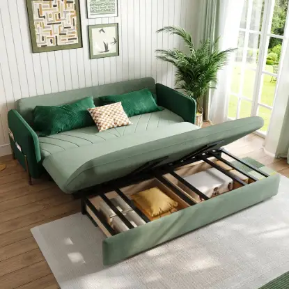 170 cm 3-Seater Green Velvet Convertible Sleeper Sofa with Storage & Pillows – King Upholstered