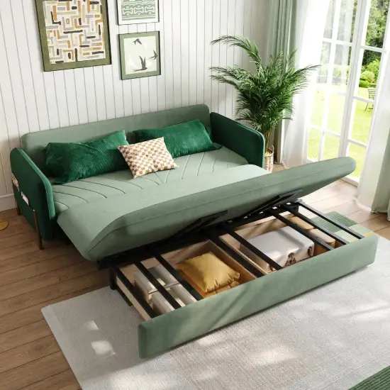 170 cm 3-Seater Green Velvet Convertible Sleeper Sofa with Storage & Pillows – King Upholstered