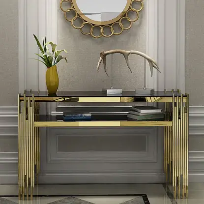 Modern 47" Sintered Stone Narrow Console Table with Storage Shelf & Golden Legs – Marble