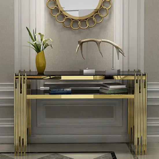 Modern 47" Sintered Stone Narrow Console Table with Storage Shelf & Golden Legs – Marble