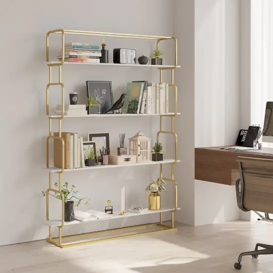 Picture of 1800mm Modern White Tall Freestanding Wooden Office 4 Shelves Etagere Bookcase in Gold