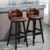 Brown Rustic Upholstered Rustic Bar Stools Set of 2 PU Leather Tufted Curved Back