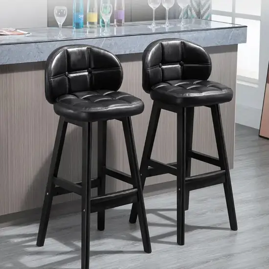 Rustic Black PU Leather Bar Height Tufted Bar Stools with Curved Back Set of 2