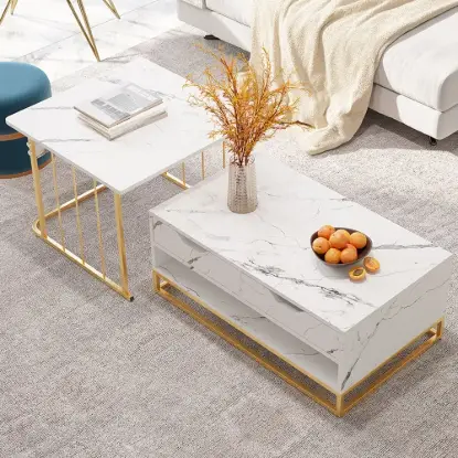 Picture of Rectangle 2-Piece Nesting Set White Coffee Table with Metal Base and Storage