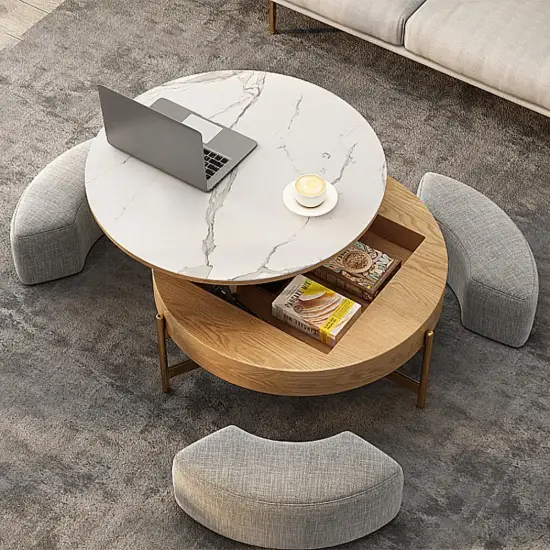 Picture of Modern 8000 mm Round Lift-Top Coffee Table Set with 3 Ottomans & Tempered Glass Top