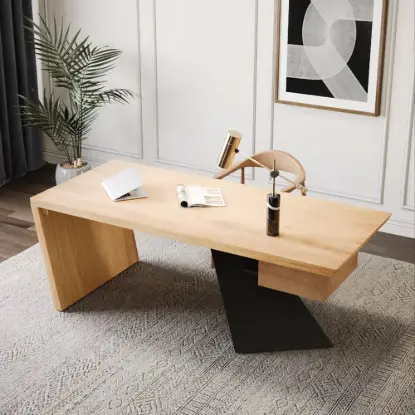 Modern 160 cm Rectangular Natural Rubberwood Desk with Drawer