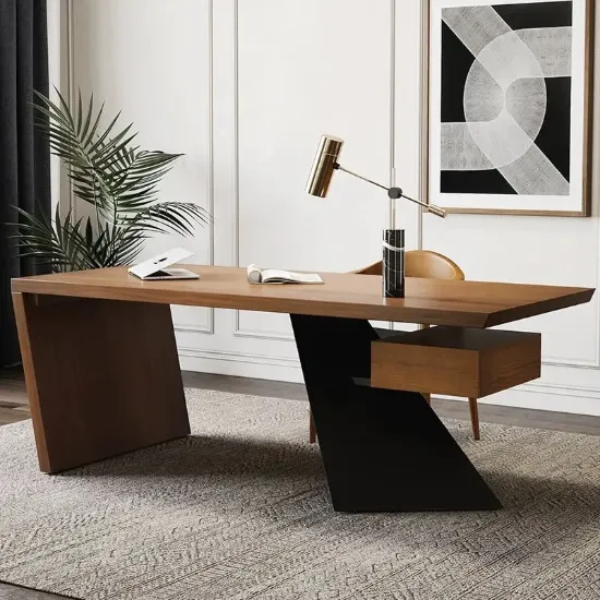 Modern 140 cm Rectangular Walnut Rubberwood Desk with Drawer