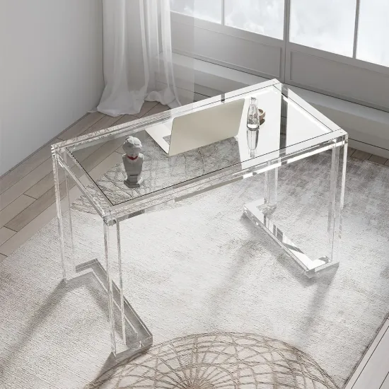 Savea 120 cm Rectangular Clear Tempered Glass Writing Desk with Acrylic Base