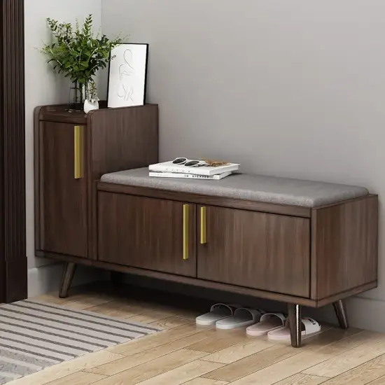 1200mm Black Walnut Wooden Shoe Storage Bench with 3 Doors & 5 Shelves for Entryway