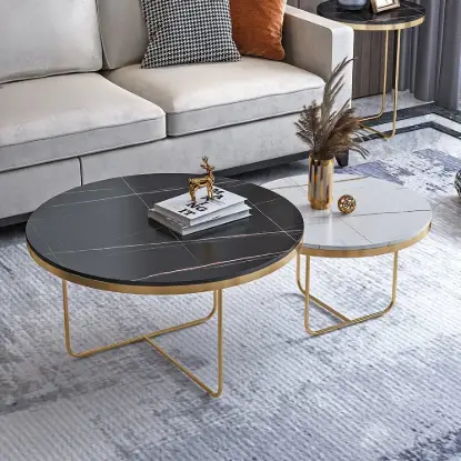 Picture of Modern Round Nesting Coffee Table Set 2-Piece Black and White Stone Top Gold Base