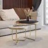 Modern Round Nesting Coffee Table Set 2-Piece Black and White Stone Top Gold Base