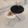 Modern Round Nesting Coffee Table Set 2-Piece Black and White Stone Top Gold Base