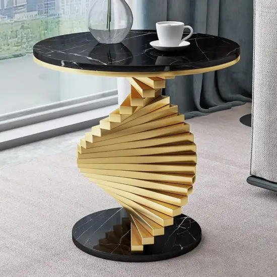 Modern 50 cm Round Black Faux Marble Gold Spiral End Table