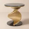Modern 50 cm Round Black Faux Marble Gold Spiral End Table