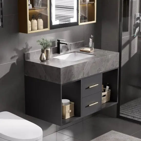 Modern 90 cm Floating Single Bathroom Vanity with Sink, Sintered Stone Top – Concrete Grey – Black Gray Vessel