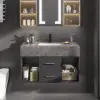 Modern 90 cm Floating Single Bathroom Vanity with Sink, Sintered Stone Top – Concrete Grey – Black Gray Vessel
