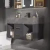 Modern 90 cm Floating Single Bathroom Vanity with Sink, Sintered Stone Top – Concrete Grey – Black Gray Vessel