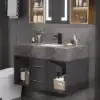 Modern 90 cm Floating Single Bathroom Vanity with Sink, Sintered Stone Top – Concrete Grey – Black Gray Vessel