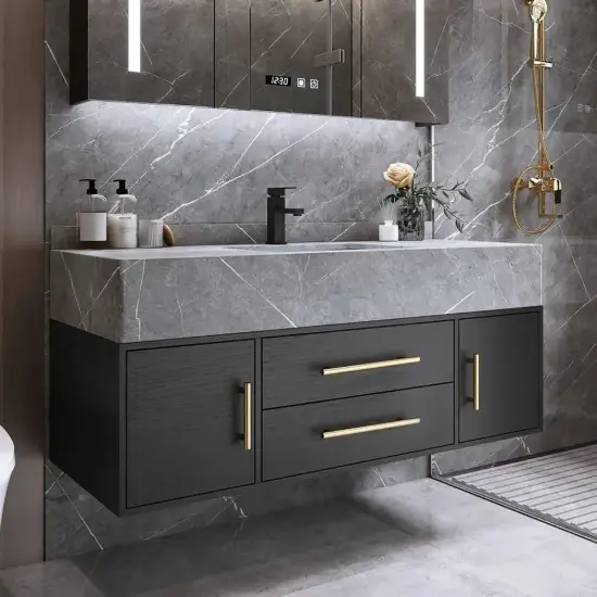 Modern 39" Black Floating Single Bathroom Vanity with Sintered Stone Top and Sink – AUD-H0157