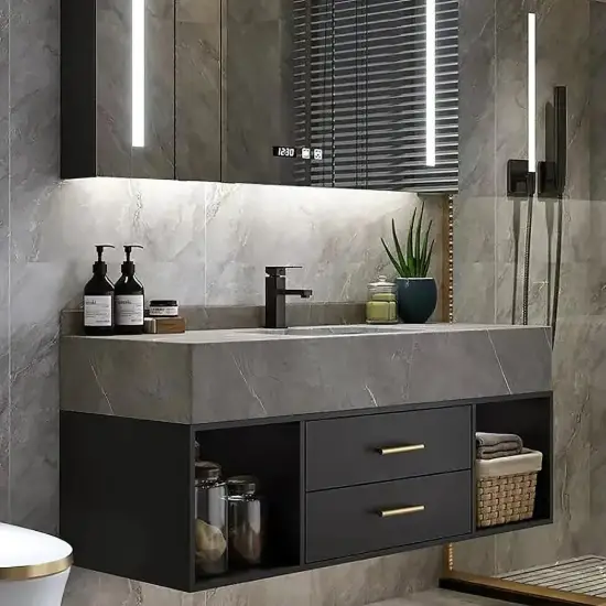 Modern 100 cm Floating Single Bathroom Vanity with Sink, Sintered Stone Top – 55cm