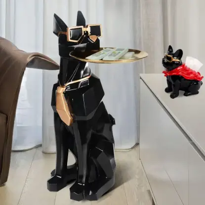Picture of Modern Black Dog Resin End table with Tray Top and Tissue Box