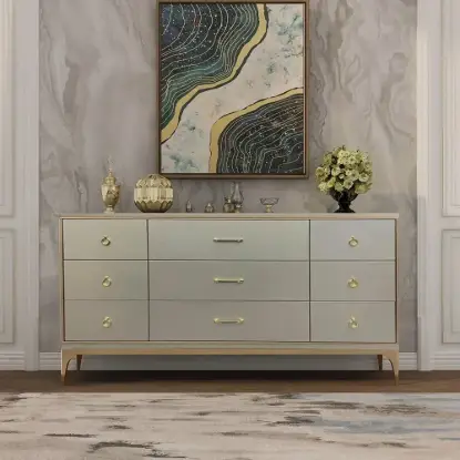 1600 mm Contemporary 9-Drawer Champagne Bedroom Dresser for Storage in Gold
