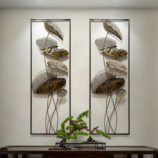 Picture of 910mm 2 Pieces Metal Lotus Leaves Wall Decor Set for Living Room with Black Frame
